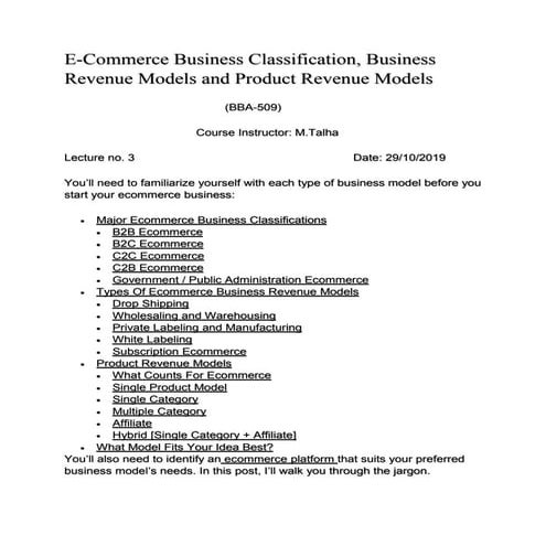E Commerce Business Classfication, Business Revenue Model