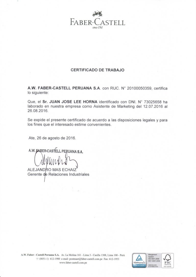 Certificado de trabajo - Faber Castell