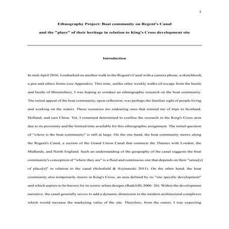 Ethnography Project on boat community currently living on Regent's Canal London