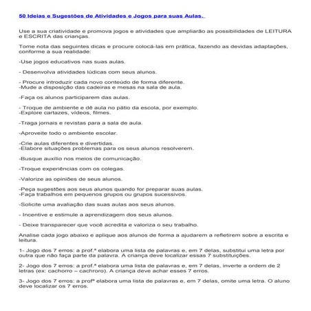 50 Ideias e Sugestões de Atividades e Jogos Para Suas Aulas