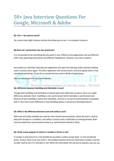 Basic java important interview questions and answers to secure a job | PDF