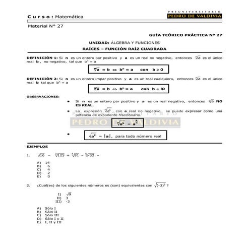 50 raíces y función raíz cuadrada