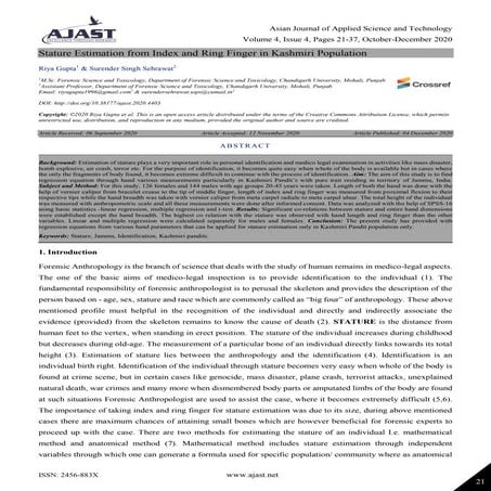 Stature Estimation from Index and Ring Finger in Kashmiri Population