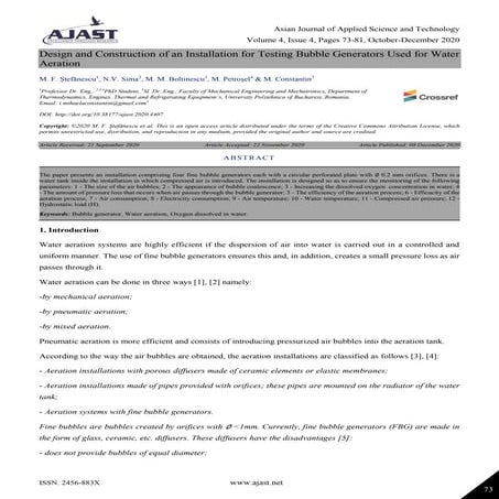 Design and Construction of an Installation for Testing Bubble Generators Used...