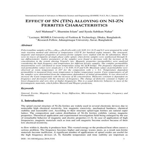 EFFECT OF SN (TIN) ALLOYING ON NI-ZN FERRITES CHARACTERISTICS