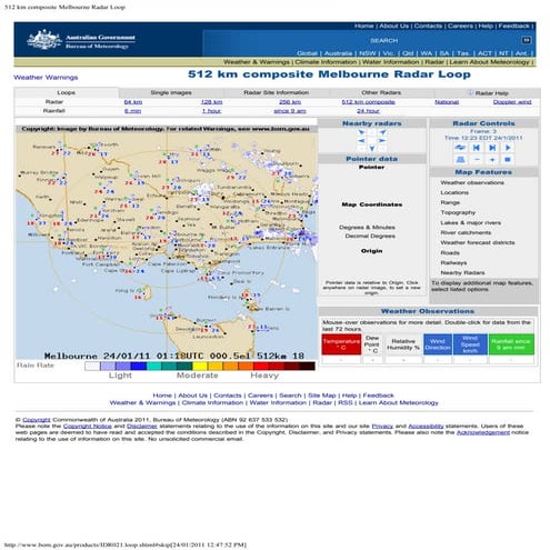 512 km melbourne radar loop showing radar lines has rain band. 24.1.11 no 3