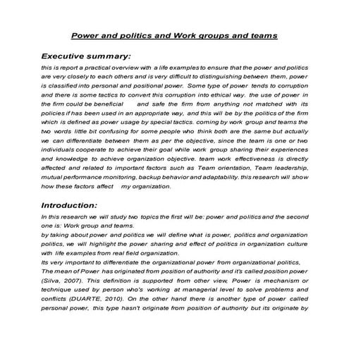 Power and politics and Work groups and teams