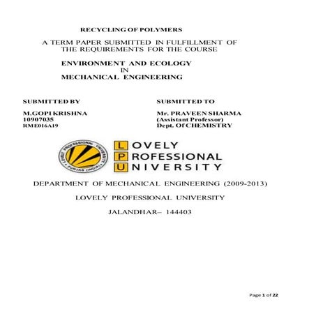 Recycling of Plastics