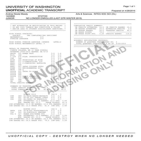 University of Washington Unofficial Transcript