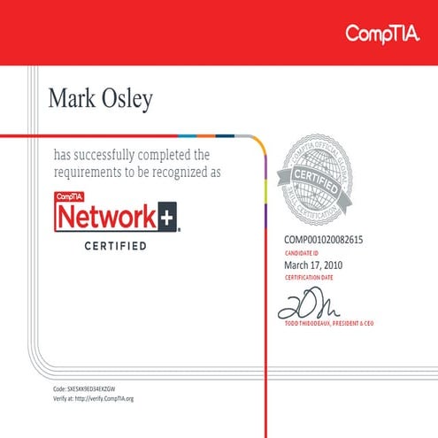 CompTIA Network+ (2009 edition) certificate (1) | PDF
