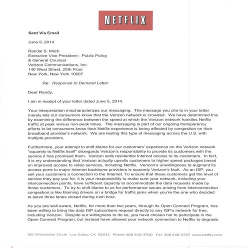 Netflix Response to Verizon - Net Neutrality