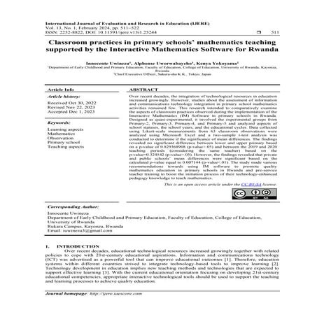 Classroom practices in primary schools’ mathematics teaching supported by the...