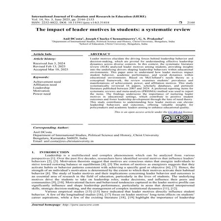 The impact of leader motives in students: a systematic review | PDF