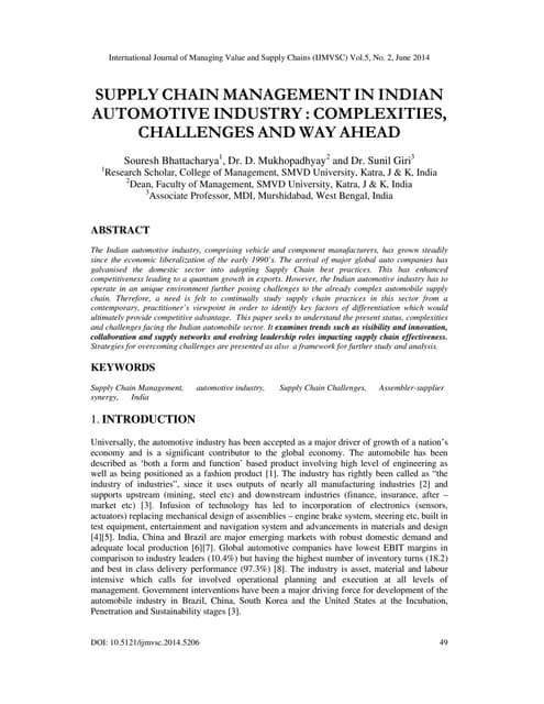 SUPPLY CHAIN MANAGEMENT IN INDIAN AUTOMOTIVE INDUSTRY : COMPLEXITIES, CHALLEN...
