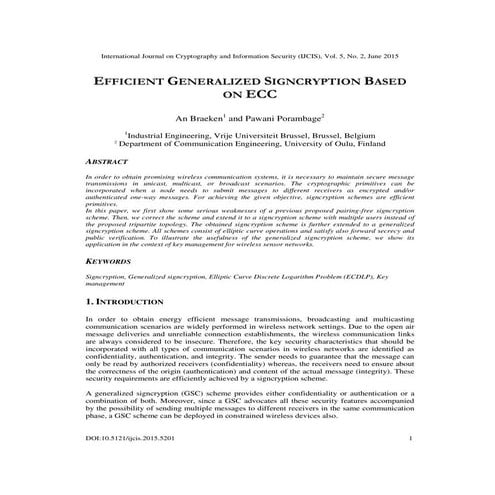 EFFICIENT GENERALIZED SIGNCRYPTION BASED ON ECC | PDF