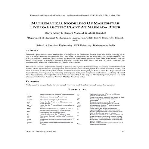 MATHEMATICAL MODELING OF MAHESHWAR HYDRO-ELECTRIC PLANT AT NARMADA RIVER