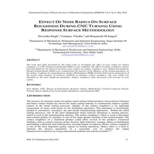 EFFECT OF NOSE RADIUS ON SURFACE ROUGHNESS DURING CNC TURNING USING RESPONSE ...
