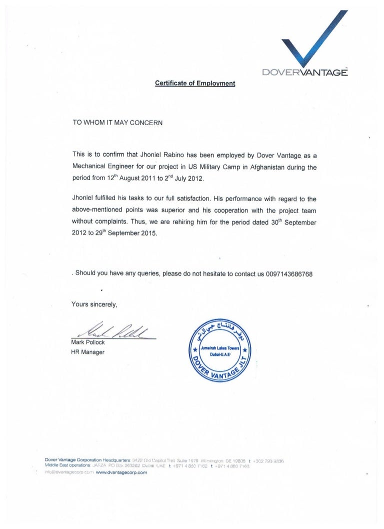 DOVER Certificate of Employment