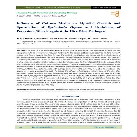 influence of Culture Media on Mycelial Growth and Sporulation of Pyricularia ...