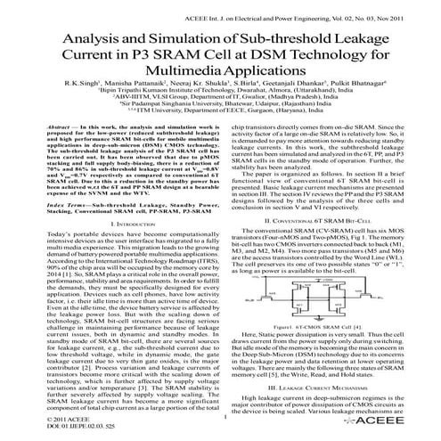 Analysis and Simulation of Sub-threshold Leakage Current in P3 SRAM Cell at D...