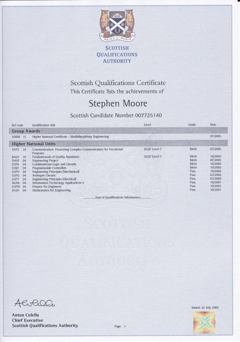 HNC Achievement Certificate