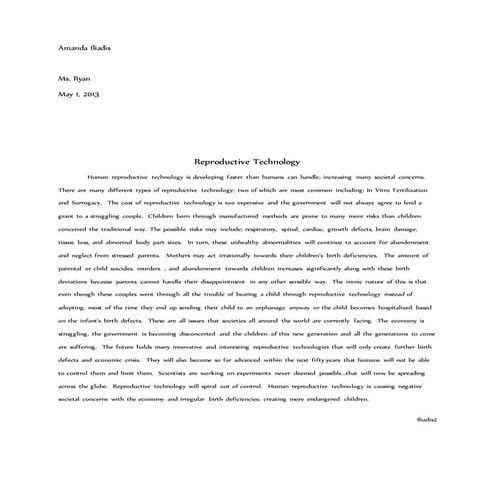 Reproductive Technology Essay (Sociology grade 11)