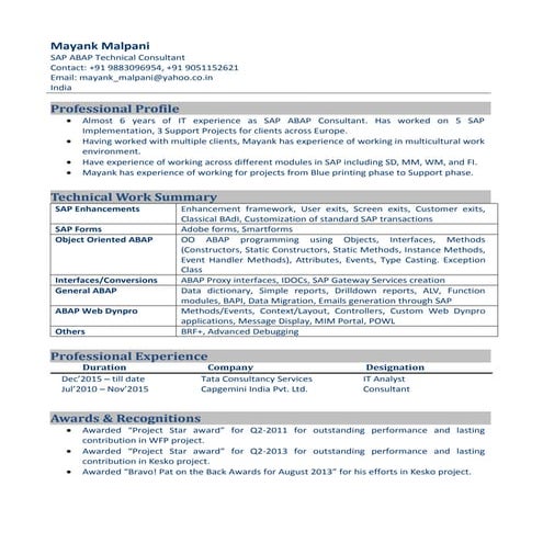 CV_SAP Abap Technical Consultant_Mayank Malpani