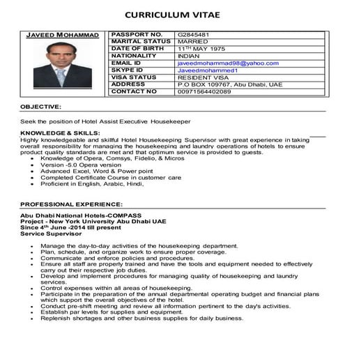 CV - Javeed Mohammad ( Operation Services Supervisor) | DOCX