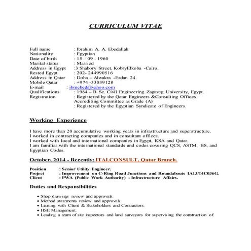 Amended CV of Eng. Ibrahim A.A.   march 2015