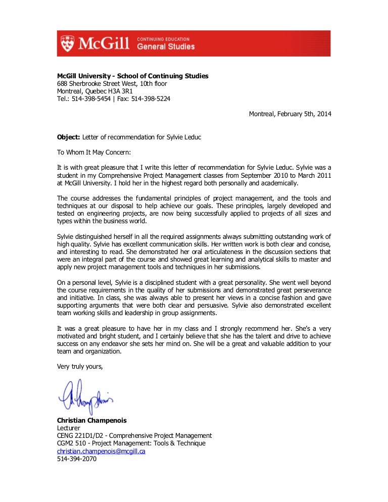 Mcgill Letter Of Recommendation Sylvie Leduc
