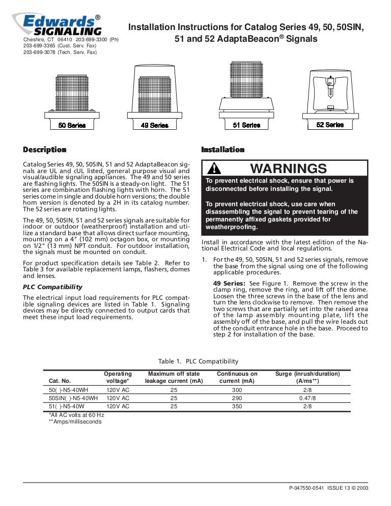 Edwards Signaling 52BG520WH Installation Manual