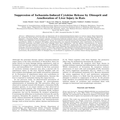 Suppression of ischemia-induced cytokine release by dimaprit and amelioration of liver injury in rats