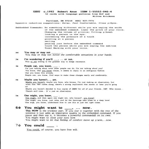 52 cards with language patterns from nlp & milton erickson | PDF