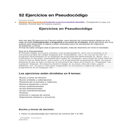 52 ejercicios en pseudocódigo