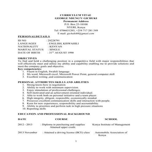 GEORGE GICHUKI  SUPPLY CHAIN OPARATIONS CURRICULUM VITAE. 2015