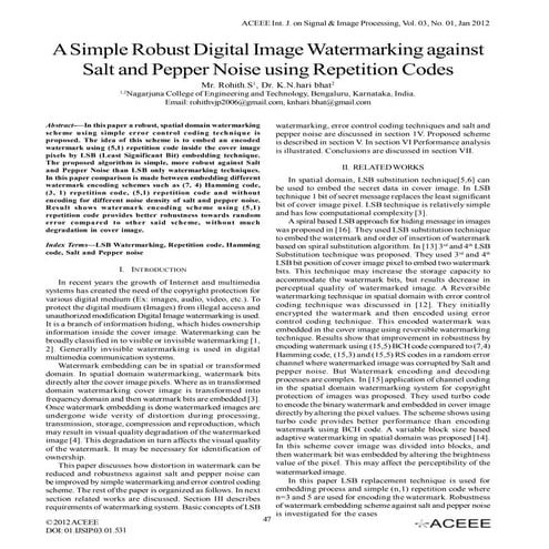 A Simple Robust Digital Image Watermarking against Salt and Pepper Noise usin...