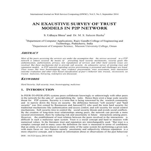 AN EXAUSTIVE SURVEY OF TRUST MODELS IN P2P NETWORK | PDF