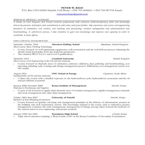 Peter W. Kigo - Drilling Cost Engineer - CV1