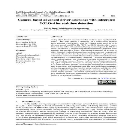 Camera-based advanced driver assistance with integrated YOLOv4for real-time d...