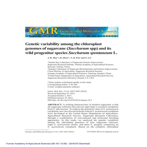 Genetic variability among the chloroplast genomes of sugarcane (Saccharum spp...