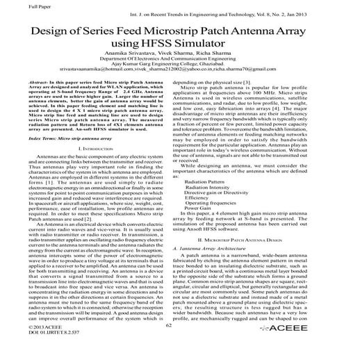 Design of Series Feed Microstrip Patch Antenna Array using HFSS Simulator