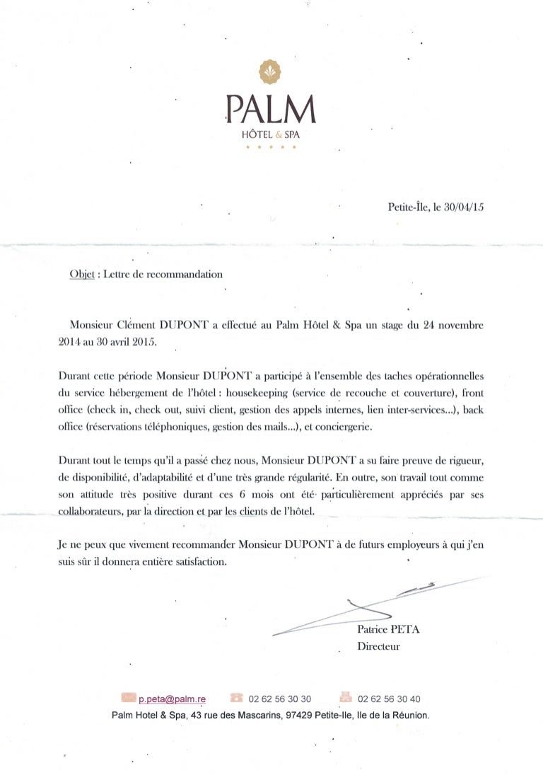 recommendation letter palm hotel spa recommendation letter english