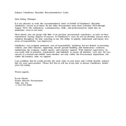 Gianfranco Becattini Recommendation Letter