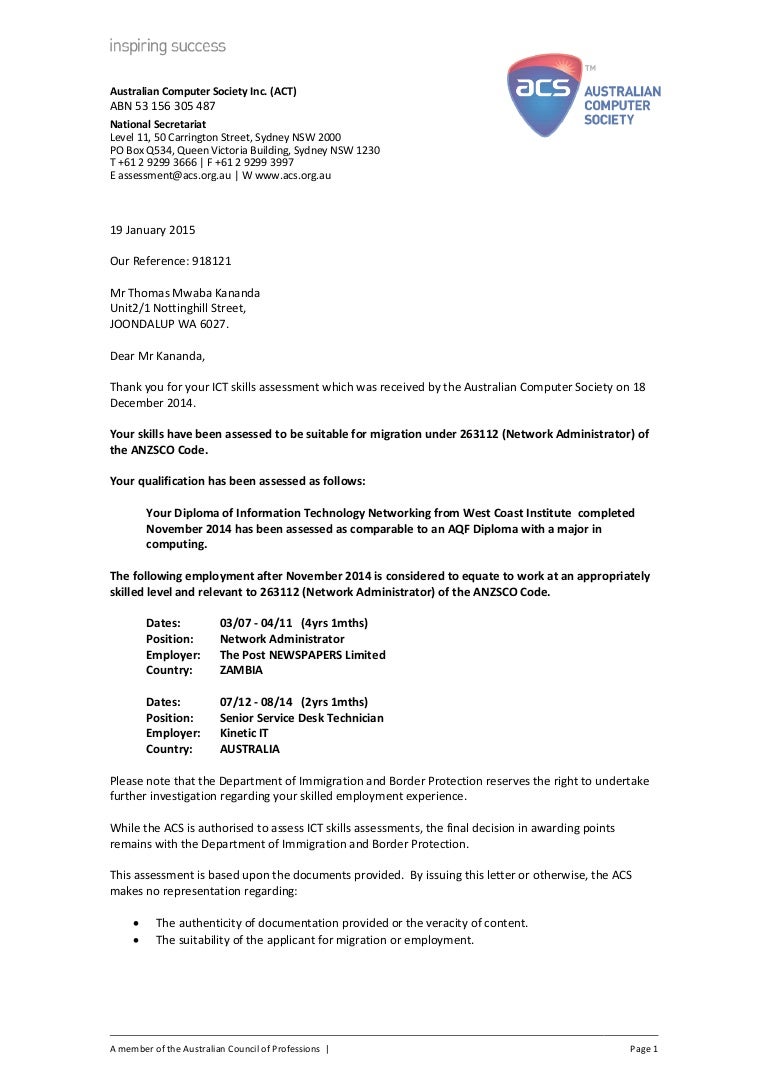Assessment Letter By The Australian Computer Society Inc Act Assessment Letter By The Australian Computer Society Inc Act