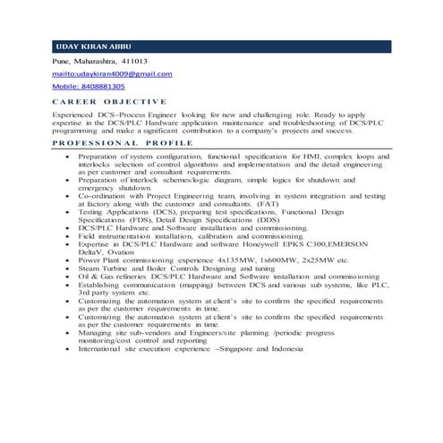 Resume-Uday-6+years,DCS,PLC's,Controls design
