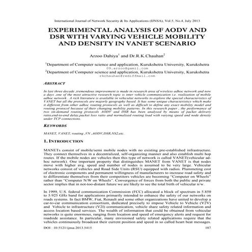 EXPERIMENTAL ANALYSIS OF AODV AND DSR WITH VARYING VEHICLE MOBILITY AND DENSI...