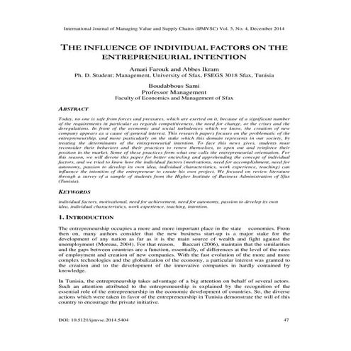 THE INFLUENCE OF INDIVIDUAL FACTORS ON THE ENTREPRENEURIAL INTENTION