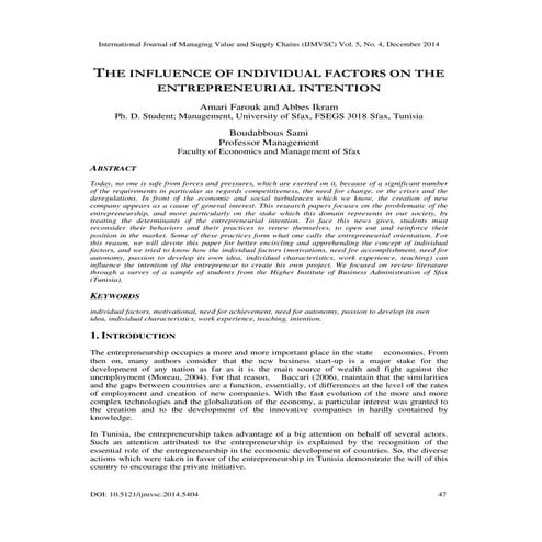 THE INFLUENCE OF INDIVIDUAL FACTORS ON THE ENTREPRENEURIAL INTENTION