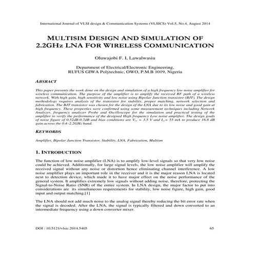 MULTISIM DESIGN AND SIMULATION OF 2.2GHz LNA FOR WIRELESS COMMUNICATION