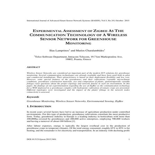 EXPERIMENTAL ASSESSMENT OF ZIGBEE AS THE COMMUNICATION TECHNOLOGY OF A WIRELE...